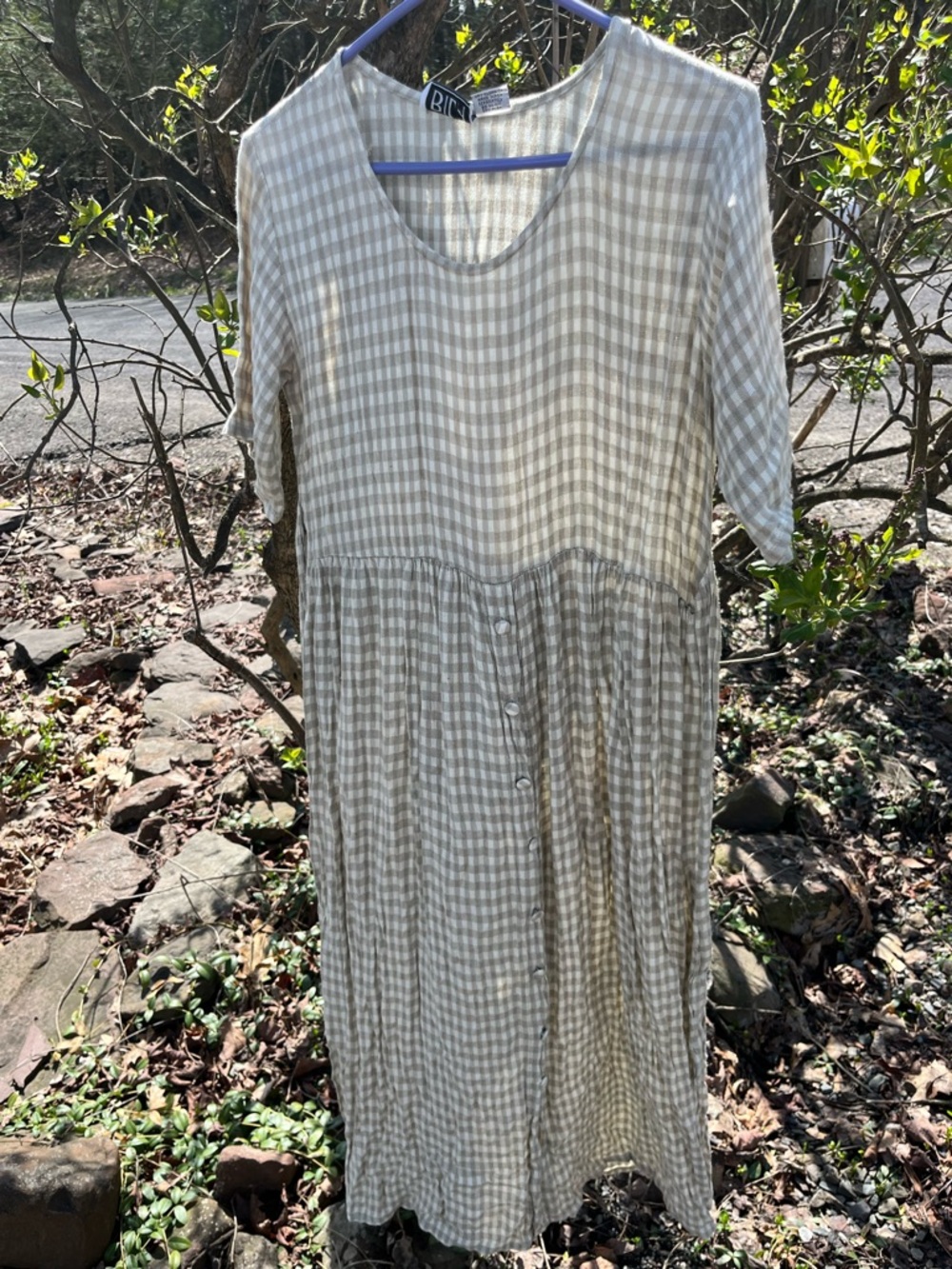 Bila Beige and White Gingham Midi Dress